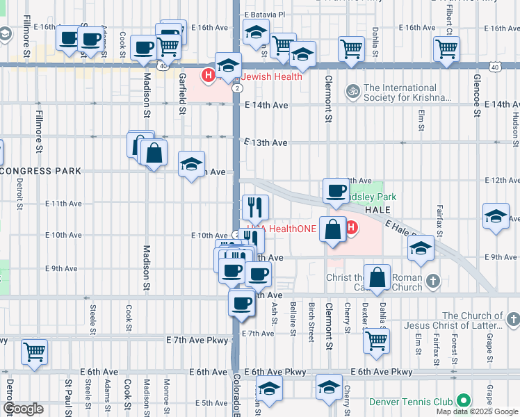 map of restaurants, bars, coffee shops, grocery stores, and more near 1122 Albion Street in Denver