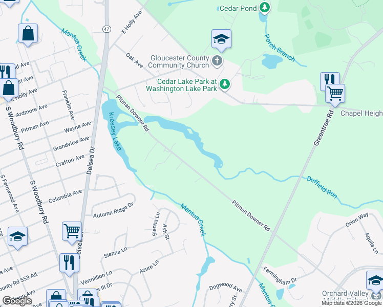 map of restaurants, bars, coffee shops, grocery stores, and more near 144 Pitman Downer Road in Washington Township