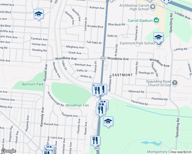 map of restaurants, bars, coffee shops, grocery stores, and more near 1684 Pence Place in Dayton
