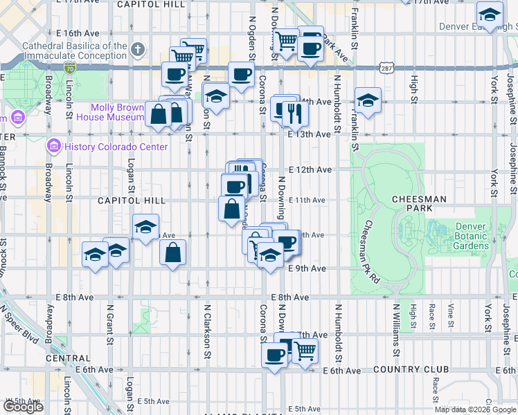 map of restaurants, bars, coffee shops, grocery stores, and more near 1075 Corona Street in Denver
