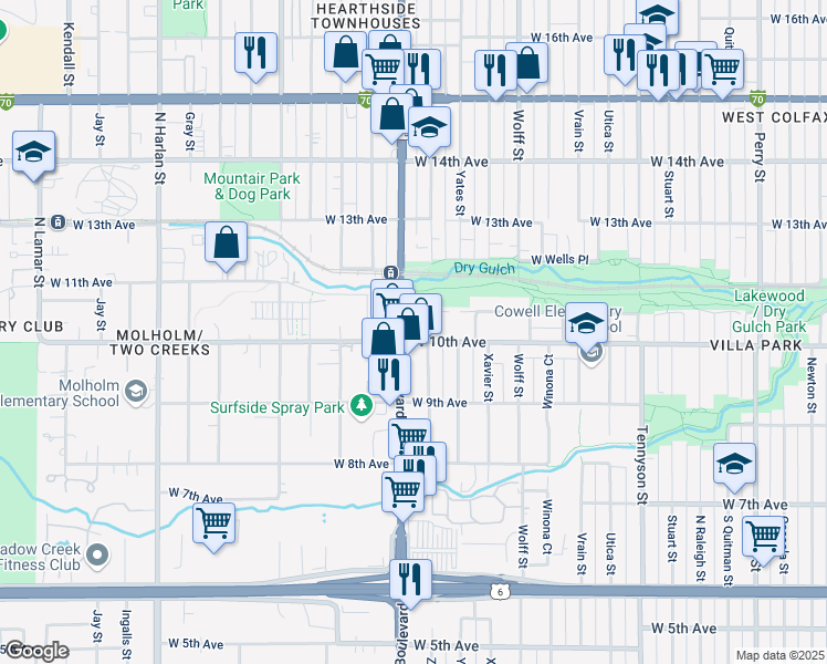 map of restaurants, bars, coffee shops, grocery stores, and more near 5171 West 10th Avenue in Denver