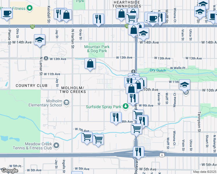 map of restaurants, bars, coffee shops, grocery stores, and more near 5541 West 10th Avenue in Lakewood