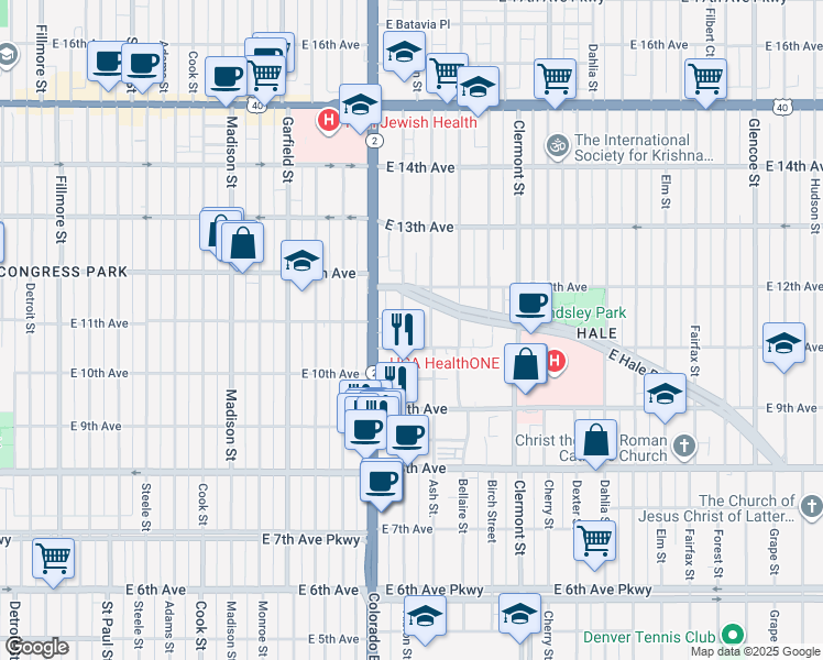 map of restaurants, bars, coffee shops, grocery stores, and more near 1122 Albion Street in Denver