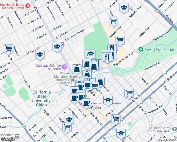 map of restaurants, bars, coffee shops, grocery stores, and more near 280 Memorial Way in Chico