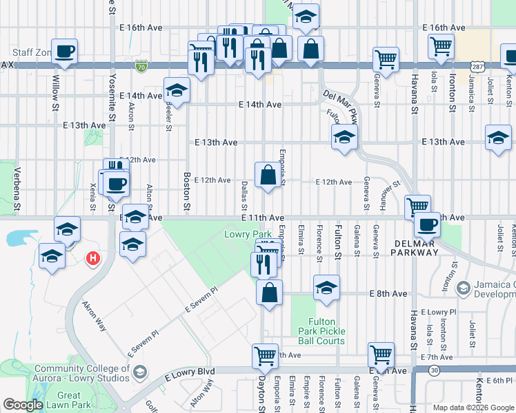 map of restaurants, bars, coffee shops, grocery stores, and more near 1133 Dayton Street in Aurora
