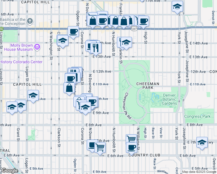 map of restaurants, bars, coffee shops, grocery stores, and more near 1061 Humboldt Street in Denver