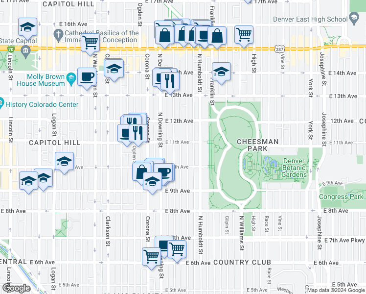 map of restaurants, bars, coffee shops, grocery stores, and more near 1316 East 11th Avenue in Denver