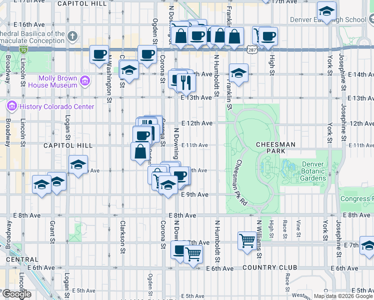 map of restaurants, bars, coffee shops, grocery stores, and more near 1316 East 11th Avenue in Denver