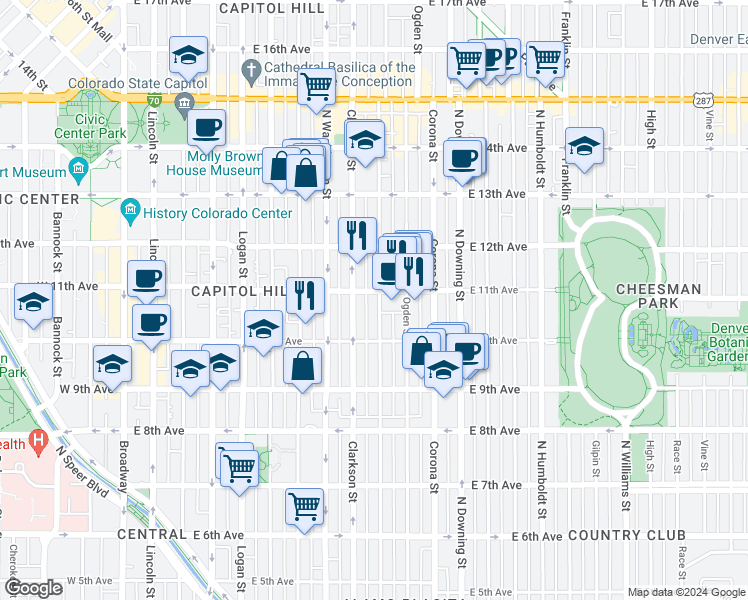 map of restaurants, bars, coffee shops, grocery stores, and more near 900 East 11th Avenue in Denver