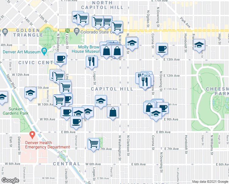 map of restaurants, bars, coffee shops, grocery stores, and more near 1075 North Washington Street in Denver