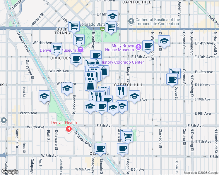 map of restaurants, bars, coffee shops, grocery stores, and more near 1075 Sherman Street in Denver