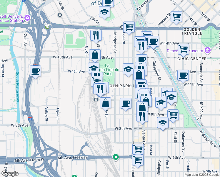 map of restaurants, bars, coffee shops, grocery stores, and more near 1063 Mariposa Street in Denver