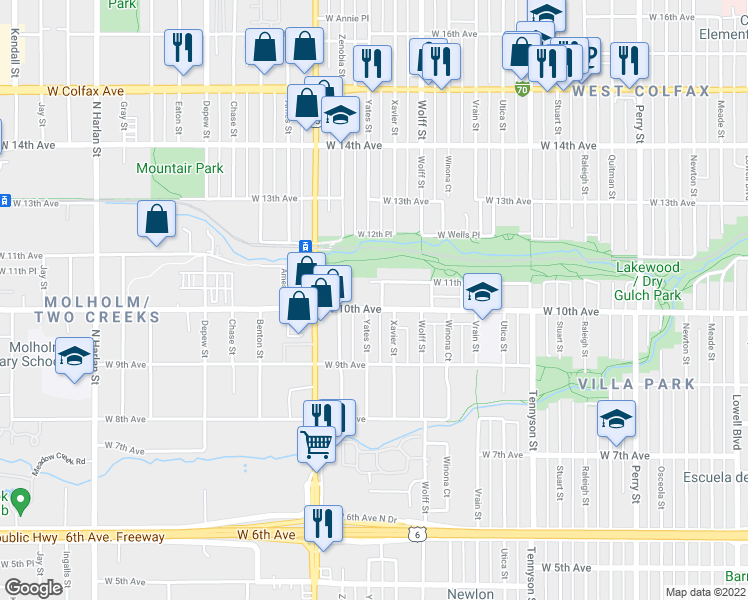 map of restaurants, bars, coffee shops, grocery stores, and more near 5025 West 10th Avenue in Denver