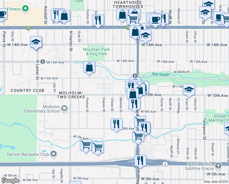 map of restaurants, bars, coffee shops, grocery stores, and more near 5541 West 10th Avenue in Lakewood