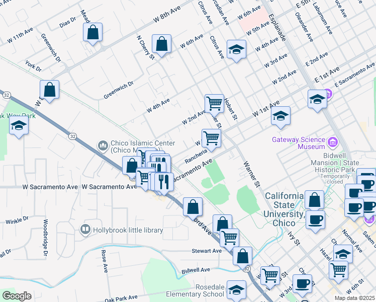 map of restaurants, bars, coffee shops, grocery stores, and more near 725 West 1st Avenue in Chico