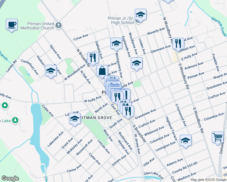 map of restaurants, bars, coffee shops, grocery stores, and more near 3 Simpson Avenue in Pitman
