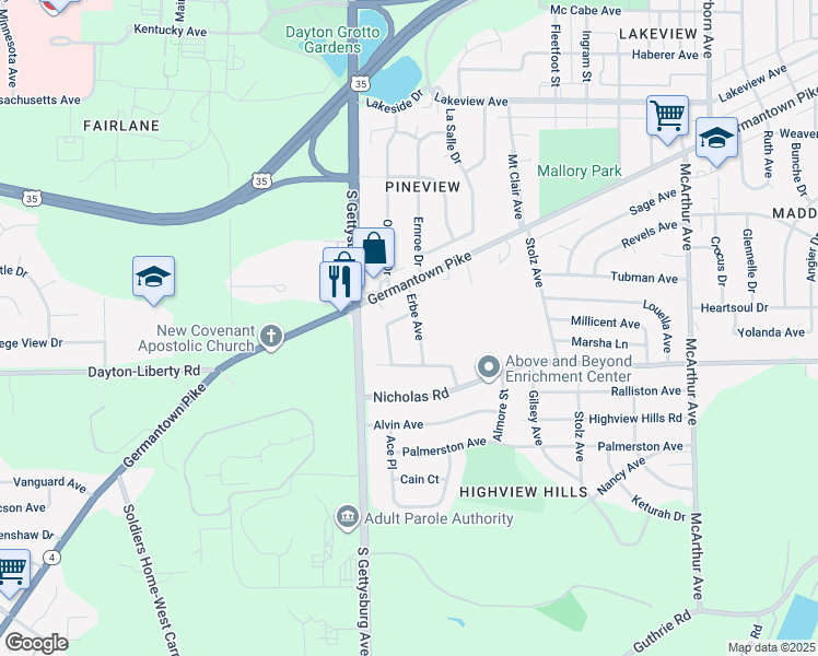 map of restaurants, bars, coffee shops, grocery stores, and more near 1011 Erbe Avenue in Dayton
