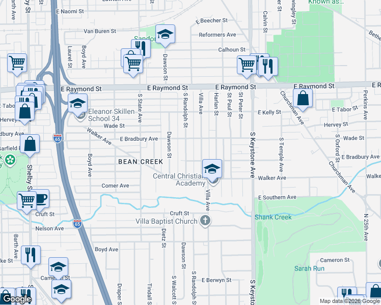 map of restaurants, bars, coffee shops, grocery stores, and more near 2426 Villa Avenue in Indianapolis