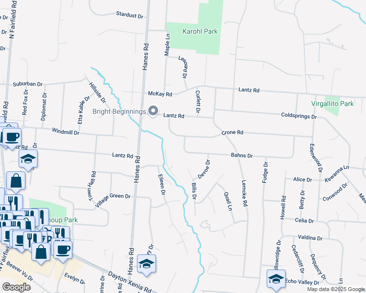 map of restaurants, bars, coffee shops, grocery stores, and more near 2911 Bahns Drive in Dayton
