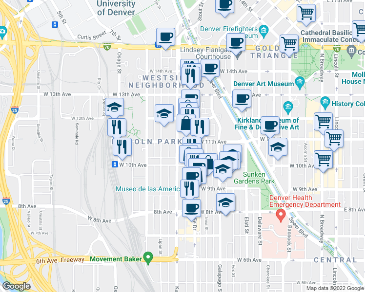 map of restaurants, bars, coffee shops, grocery stores, and more near 1080 Kalamath Street in Denver