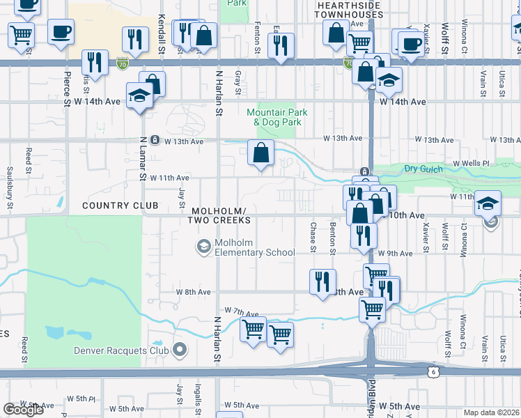 map of restaurants, bars, coffee shops, grocery stores, and more near 5775 West 10th Avenue in Lakewood