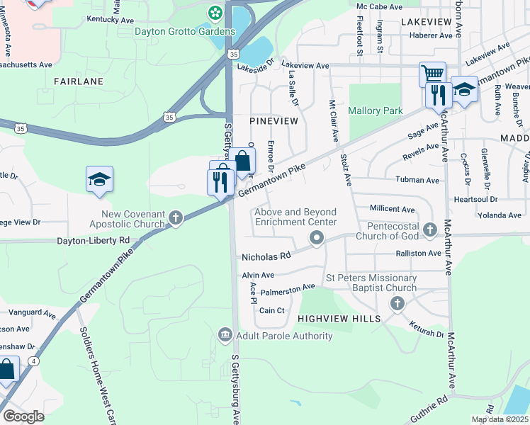 map of restaurants, bars, coffee shops, grocery stores, and more near 1011 Erbe Avenue in Dayton