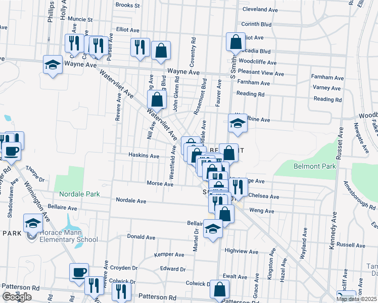 map of restaurants, bars, coffee shops, grocery stores, and more near 532 Watervliet Avenue in Dayton