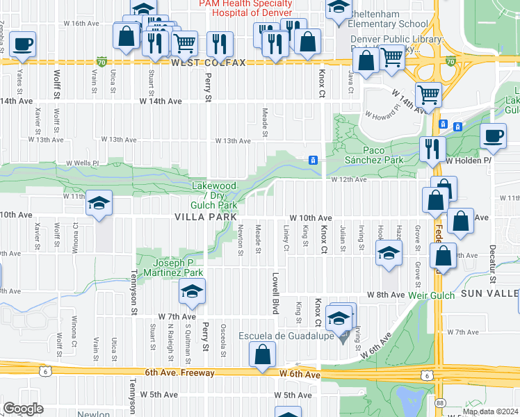 map of restaurants, bars, coffee shops, grocery stores, and more near 1035 Meade Street in Denver