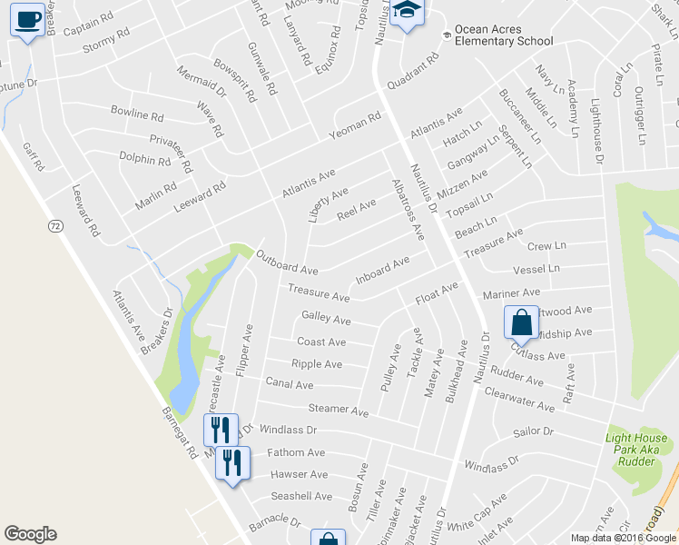 map of restaurants, bars, coffee shops, grocery stores, and more near 207 Outboard Avenue in Stafford Township