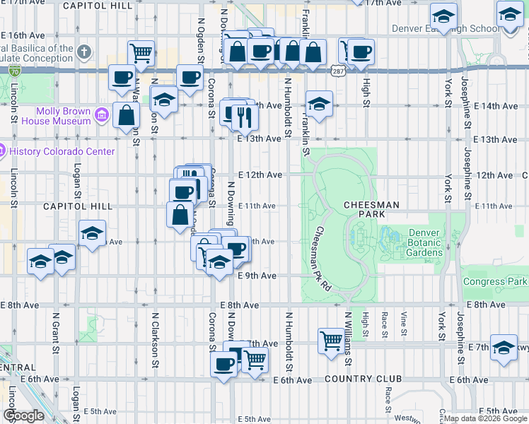 map of restaurants, bars, coffee shops, grocery stores, and more near 1316 East 11th Avenue in Denver