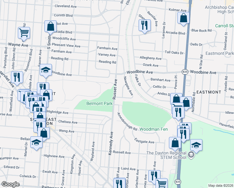 map of restaurants, bars, coffee shops, grocery stores, and more near 2288 Lido Place in Dayton