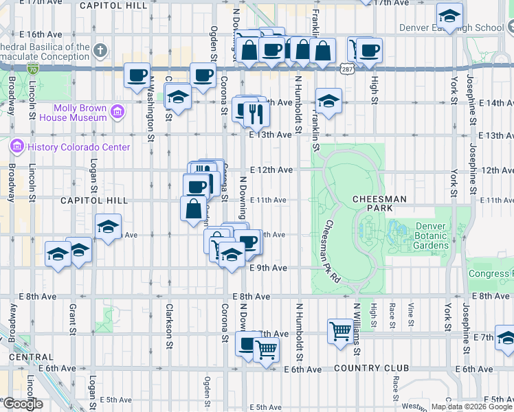 map of restaurants, bars, coffee shops, grocery stores, and more near 1316 East 11th Avenue in Denver