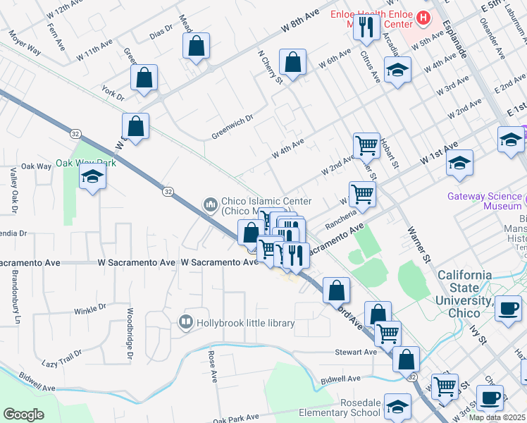 map of restaurants, bars, coffee shops, grocery stores, and more near 1140 Columbus Avenue in Chico