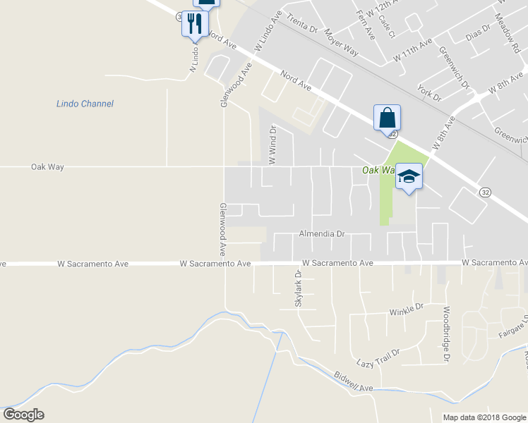 map of restaurants, bars, coffee shops, grocery stores, and more near 1900 Wisteria Lane in Chico