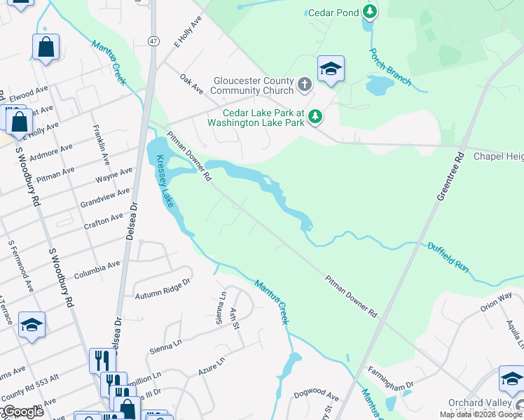 map of restaurants, bars, coffee shops, grocery stores, and more near 144 Pitman Downer Road in Washington Township