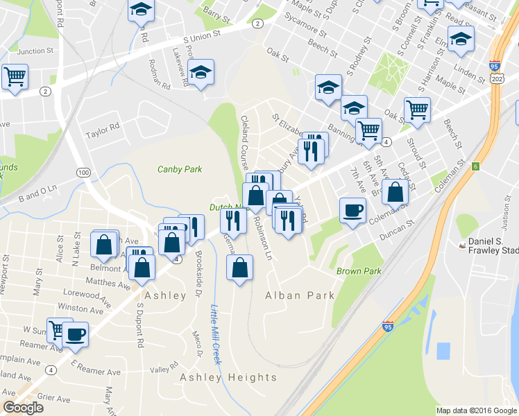 map of restaurants, bars, coffee shops, grocery stores, and more near 1962 Maryland Ave in Wilmington