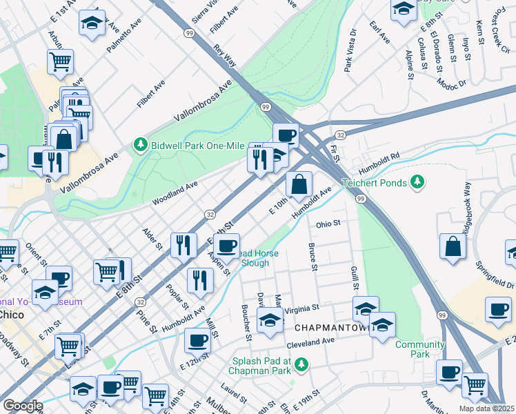 map of restaurants, bars, coffee shops, grocery stores, and more near 1263 East 9th Street in Chico