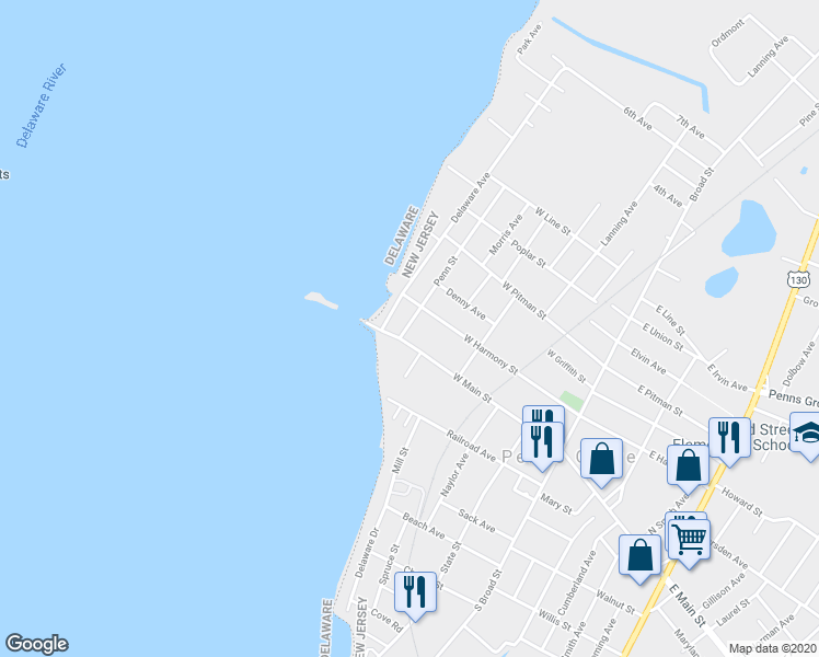 map of restaurants, bars, coffee shops, grocery stores, and more near 11 Penn Street in Penns Grove
