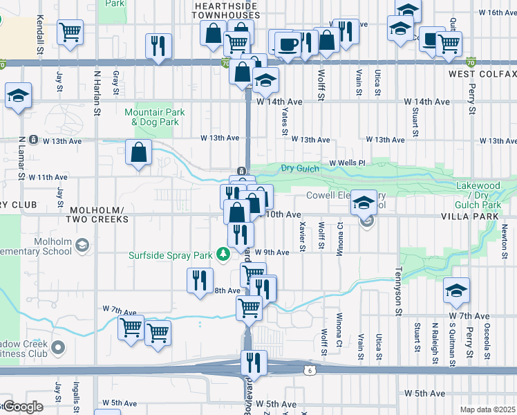 map of restaurants, bars, coffee shops, grocery stores, and more near 5171 West 10th Avenue in Denver