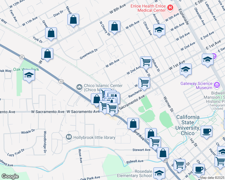 map of restaurants, bars, coffee shops, grocery stores, and more near 1127 N Cedar St in Chico