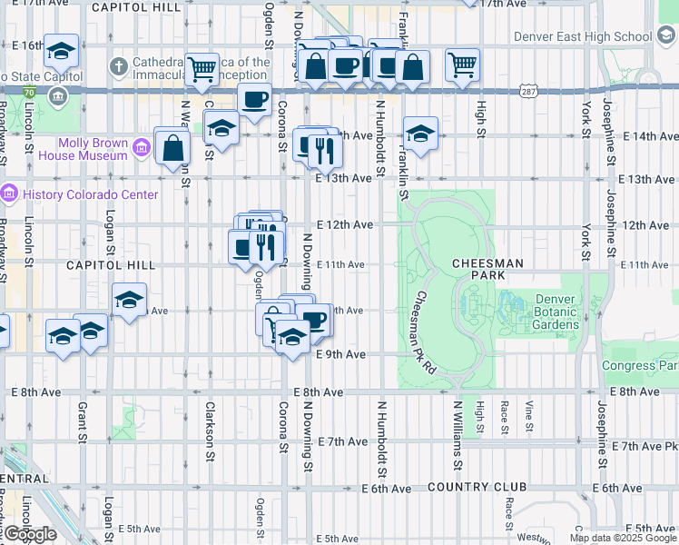 map of restaurants, bars, coffee shops, grocery stores, and more near 1316 East 11th Avenue in Denver