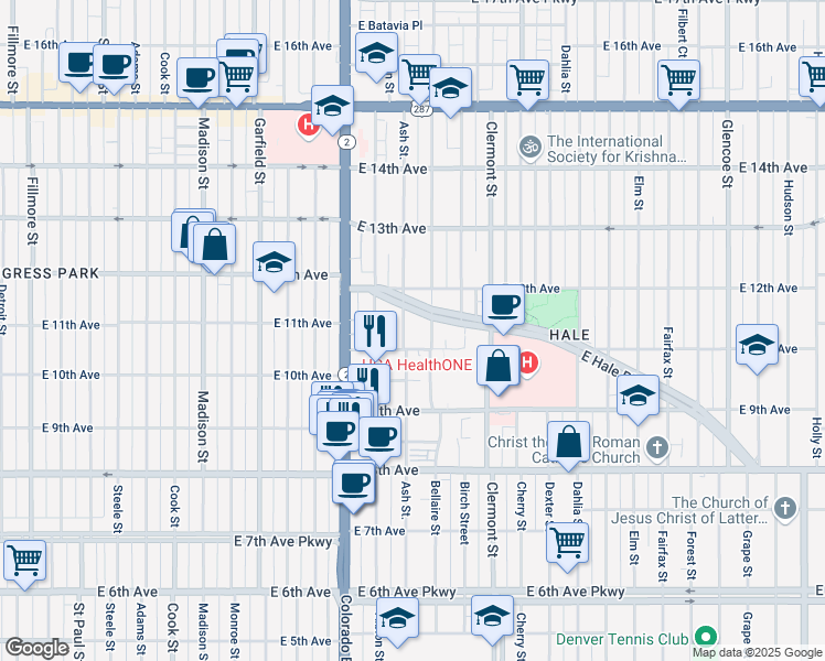 map of restaurants, bars, coffee shops, grocery stores, and more near 1126 Ash Street in Denver