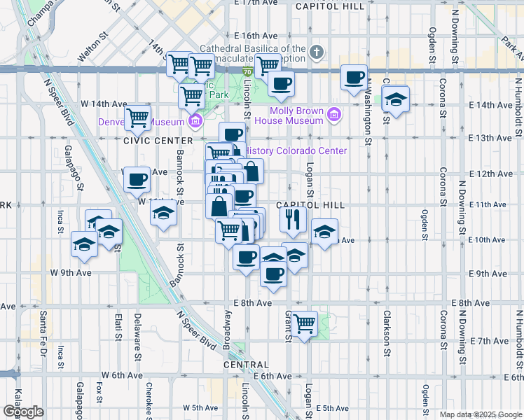 map of restaurants, bars, coffee shops, grocery stores, and more near 1075 Sherman Street in Denver