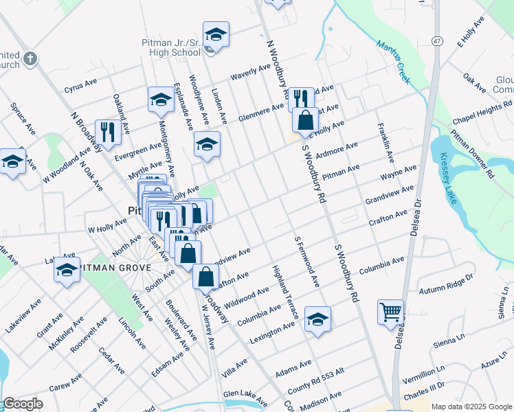 map of restaurants, bars, coffee shops, grocery stores, and more near 210 Pitman Avenue in Pitman