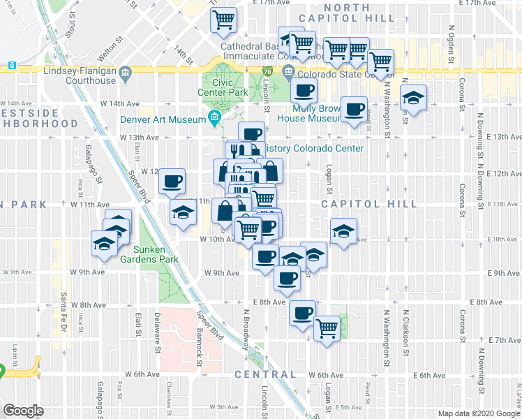 map of restaurants, bars, coffee shops, grocery stores, and more near 1075 Lincoln Street in Denver