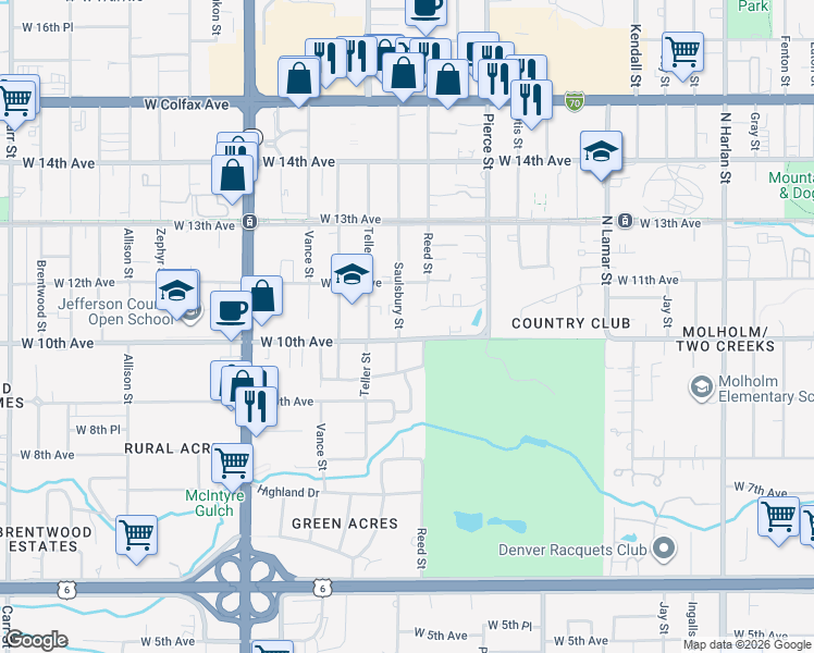 map of restaurants, bars, coffee shops, grocery stores, and more near 1060 Saulsbury Street in Lakewood
