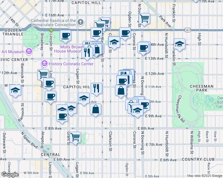 map of restaurants, bars, coffee shops, grocery stores, and more near in Denver