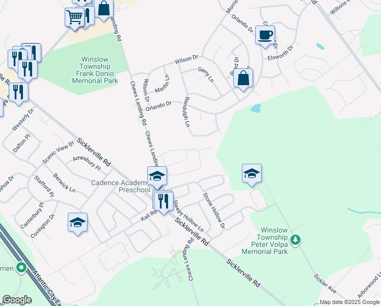 map of restaurants, bars, coffee shops, grocery stores, and more near 24 Revere Way in Sicklerville