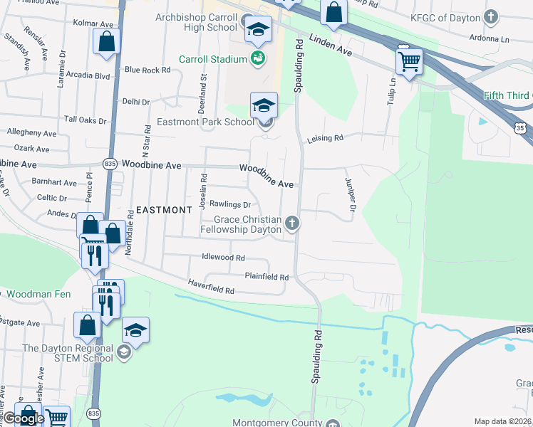 map of restaurants, bars, coffee shops, grocery stores, and more near 1616 Edendale Rd in Dayton
