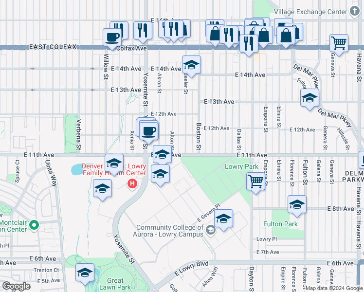 map of restaurants, bars, coffee shops, grocery stores, and more near 1129 Beeler Street in Aurora
